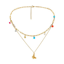 Collier en acier inoxydable perles colorées chaîne de clavicule double couche bijoux pendentif papillon de mode simple
